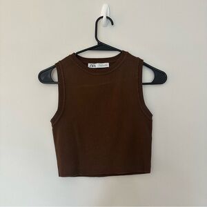 Zara Brown Knit Cropped Tank Top, Size Small